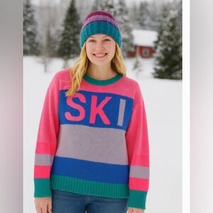 SKI multicolor pink blue sweater retro outdoor womens size large 80s 90s cozy